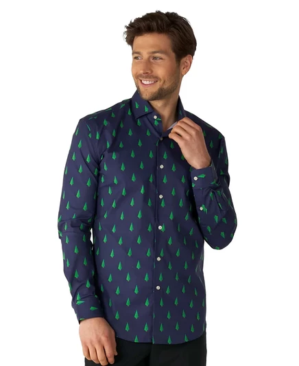 Мужская рождественская рубашка OppoSuits - Праздничная рубашка на пуговицах с рисунком сосны - Приталенный крой - Темно-синий - С длинным рукавом navy