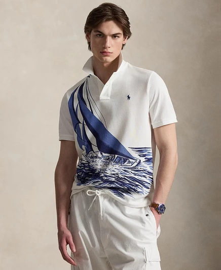 Мужская рубашка поло Polo Ralph Lauren классического кроя из сетчатой ткани-парусника белого цвета