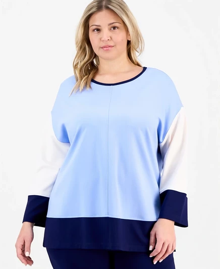 Синий топ с рукавами-доломанами в цветную клетку Jones New York Plus Size