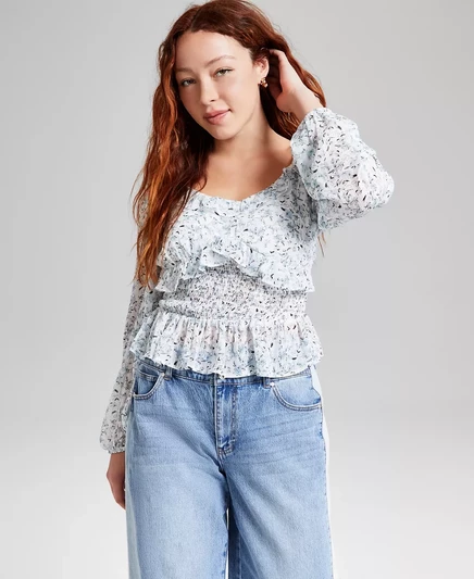  Женский приталенный топ с оборками и принтом, эксклюзивно от Macy's  light blue floral