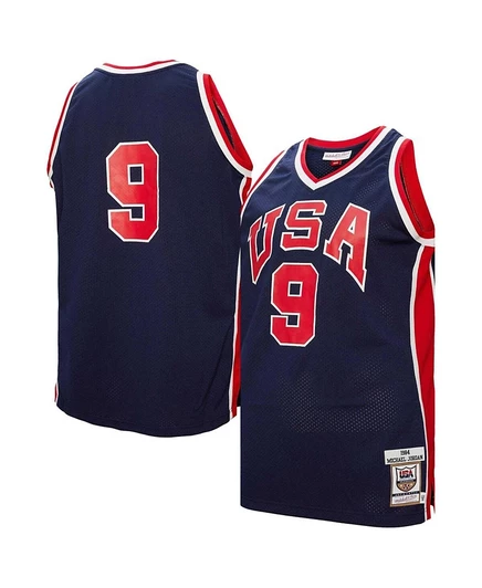 Мужская баскетбольная майка Michael Jordan Navy USA от Mitchell & Ness 1984 года выпуска, выполненная из натуральной кожи