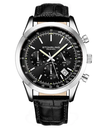Мужские часы Stuhrling Monaco из черной кожи, черный циферблат, круглые часы диаметром 44 мм black