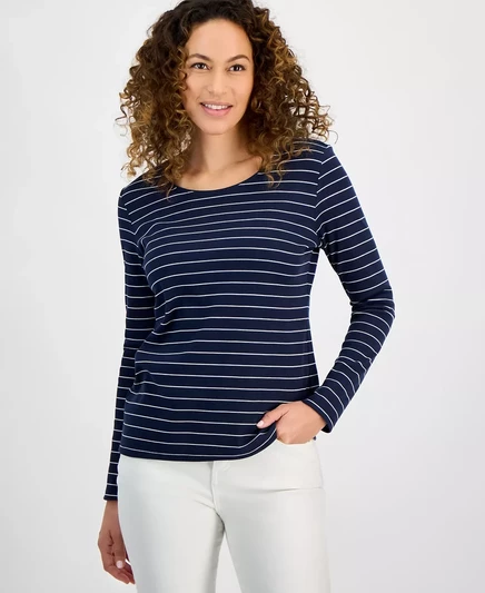  Топ с длинными рукавами и круглым вырезом в полоску Petite North, эксклюзивно от Macy's stripe ind blue