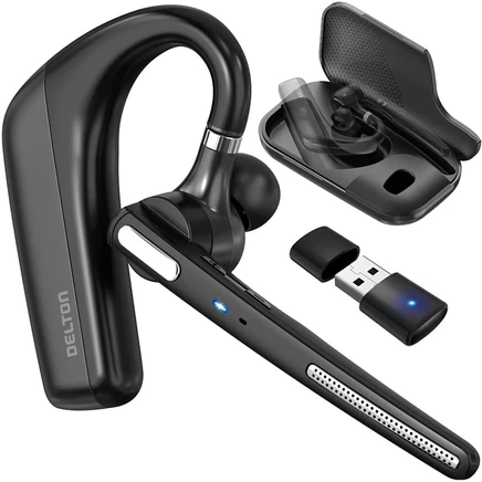 Сверхлегкая Bluetooth-гарнитура с микрофоном с функцией шумоподавления, Bluetooth-наушник с чехлом для зарядки, USB-ключ для автоматического сопряжения ПК / ноутбука, совместимый с MS Teams, Zoom, Google Meet и другими программами - Черный
