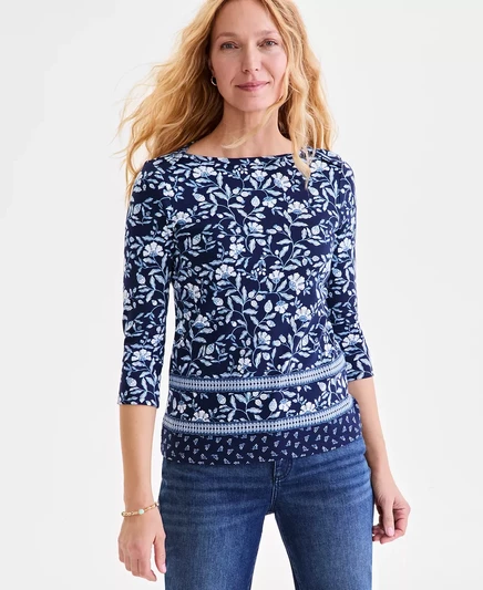  Женский хлопковый топ Pima с рукавом 3/4 и принтом, эксклюзивно от Macy's gram blue