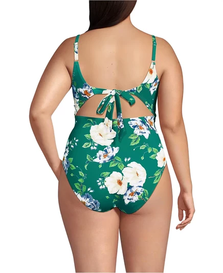 Цельный купальник-монокини с запахом и высокими штанинами Lands' End Plus Size island emerald petunia floral