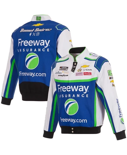 Мужская форменная куртка JH Design из саржи королевского/белого цвета Daniel Suarez Freeway Insurance с застежкой на пуговицы