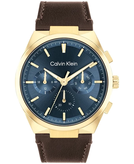 Мужские часы Calvin Klein с оригинальным коричневым кожаным ремешком диаметром 44 мм brown