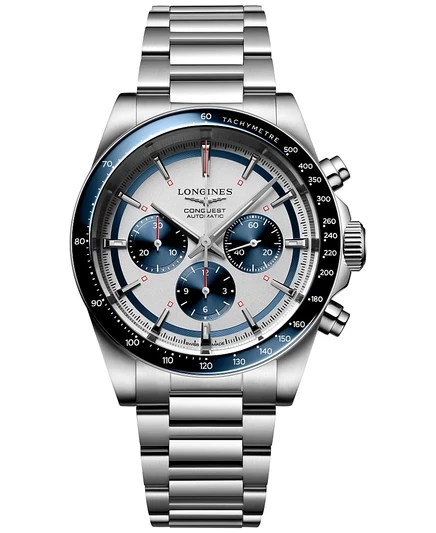 Мужские швейцарские часы с автоматическим хронографом Longines Conquest на браслете из нержавеющей стали, 42 мм, без цвета