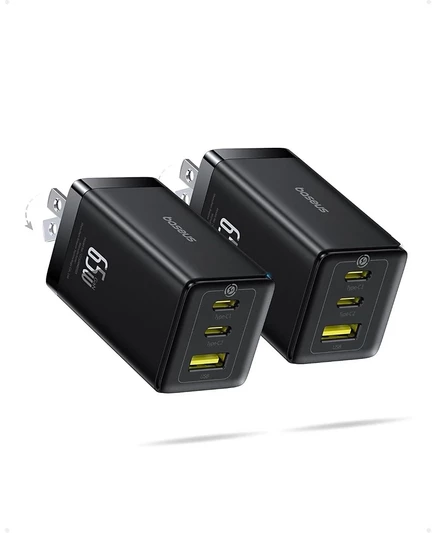Блок зарядного устройства Baseus 2 Pack USB C мощностью 65 Вт, 3-портовое быстрое компактное складное зарядное устройство PPS USB C для MacBook, iPad Pro, Galaxy S24, iPhone 16/15 и других серий black