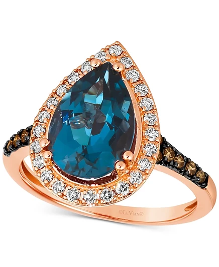 Кольцо Le Vian® с темно-синим топазом (3 карата) и бриллиантом (3/8 карата) в виде каплевидного ореола из розового золота 14 карат, кольцо из клубничного золота 14 карат