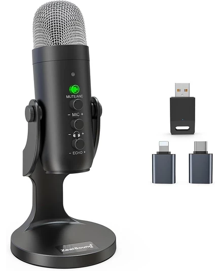 Беспроводной USB-микрофон ZealSound для iPhone, ПК, iPad, Android, Конденсаторный микрофон с функцией отключения звука, Эхо-монитор, Увеличение громкости для подкастов, ASMR, Игровой черный