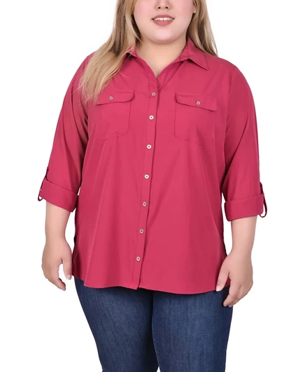 Блузка с отворотами и карманами NY Collection Plus Size 3/4 красного цвета