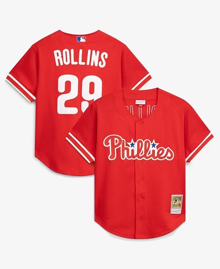 Мужская футболка Mitchell & Ness Jimmy Rollins Red Philadelphia Phillies Cooperstown с сеткой для тренировки игры в бейсбол, застегивающаяся на пуговицы, красная