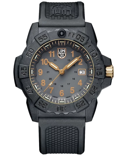 Мужские часы Luminox Swiss Navy Seal Military Dive золотисто-черные на каучуковом ремешке 45 мм белого цвета