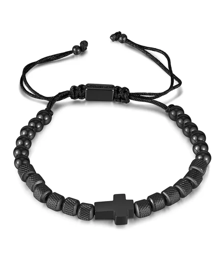  Браслет из нержавеющей стали с черным крестом и веревкой из бисера black