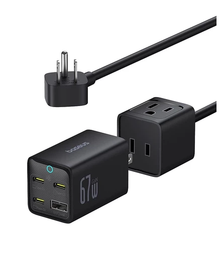 Зарядная станция Baseus PowerCombo Mini Power Strip 5 в 1, быстрое зарядное устройство USB C мощностью 67 Вт, плоский удлинитель длиной 5 футов с 2 розетками переменного тока, черный