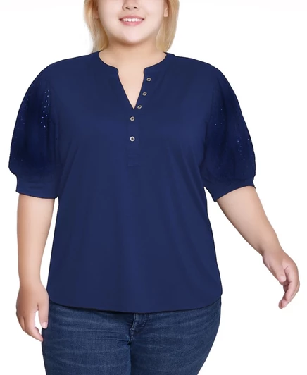 Топ с пышным рукавом до локтя из коллекции NY Collection Plus Size синего цвета