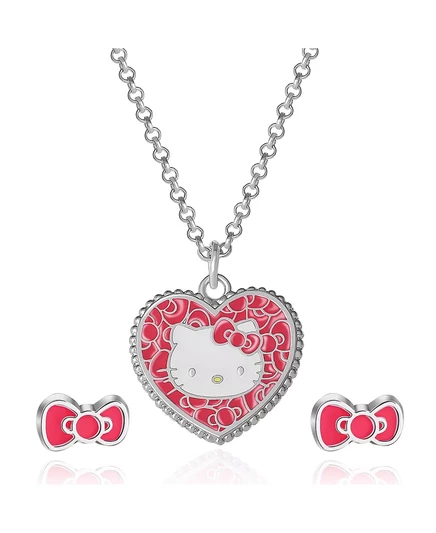 Модный ювелирный набор Sanrio, состоящий из ожерелья в виде сердечка и сережек-гвоздиков с бантиком, официально лицензирован silver tone, pink