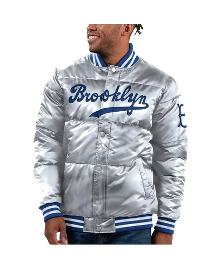 Мужская стартовая серебристая куртка-бомбер Brooklyn Dodgers Cooperstown Collection Bronx из атласа на молнии серебристого цвета
