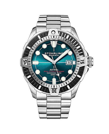 Мужские швейцарские часы Stuhrling Astral Diver с автоподзаводом 44 мм, Бирюзовый циферблат, Браслет из нержавеющей стали, Вращающийся безель, Водонепроницаемость 200 м silver