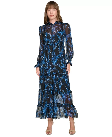  Женские провинции цветочным шифоновым платье black/blue
