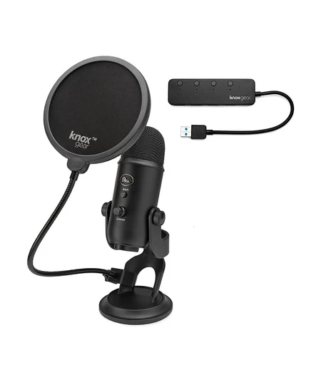 Синий микрофон Yeti (затемненный) с поп-фильтром Knox Gear и 4-портовым USB-концентратором 3.0 черного цвета