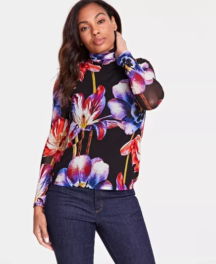 Женский сетчатый топ-водолазка с цветочным принтом I.N.C. International Concepts, созданный для Macys alana combo a