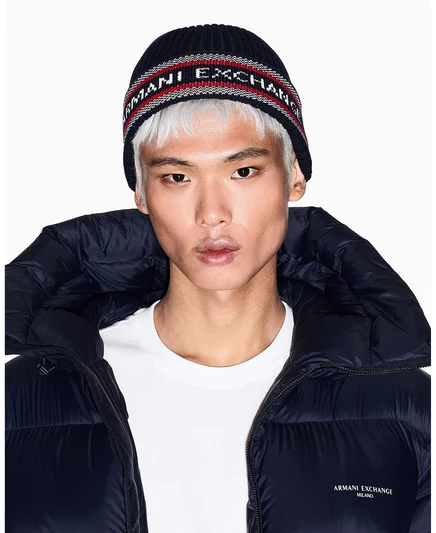 Мужская шапочка-бини с логотипом на ленте deep navy haute red