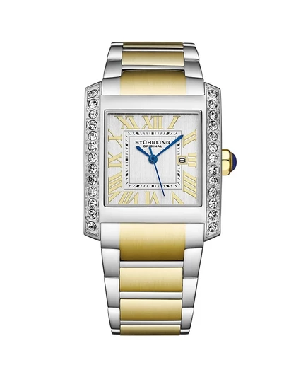 Женские прямоугольные кварцевые часы Stuhrling Elan 4088.3 с двухцветным браслетом из нержавеющей стали желтого цвета