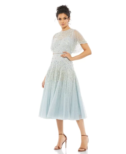Женское платье чайной длины с воланами на рукавах powder blue