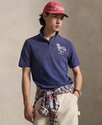 Мужская рубашка поло Polo Ralph Lauren с коротким рукавом и рубчатым воротником синего цвета