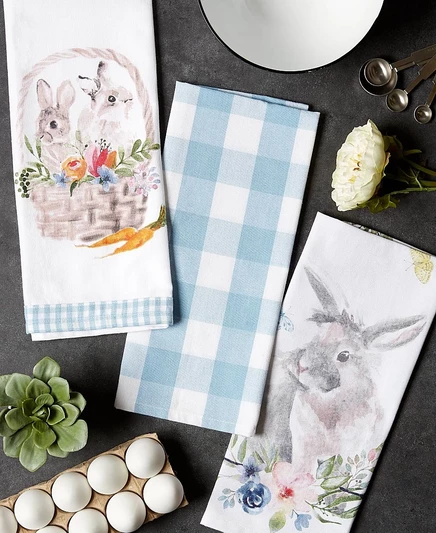 Коллекция Design Imports Easter Basics, Весенние кухонные принадлежности, Набор кухонных полотенец, Кролик с цветочным рисунком, 3 предмета синего цвета