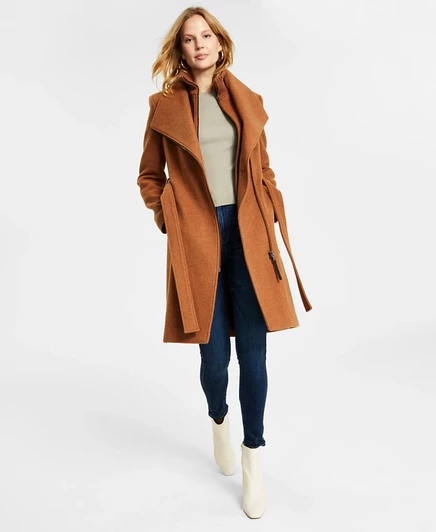  Женское полушерстяное пальто с поясом на запах, созданное для Macys tan/beige