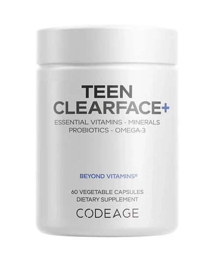 Codeage Teen Clearface Для лица, кожи и борьбы с прыщами для подростков, Витамины А, С, D3, Е, пантотеновая кислота, ниацин, Цинковая добавка для подростков, 60 капсул белого цвета
