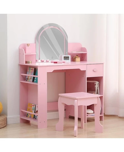 туалетный столик gaomon Kids 2-в-1 с зеркалом с подсветкой, табуреткой, книжной полкой и набором для макияжа розовый