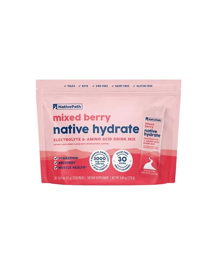 nativePath Hydrate Stick Packs, порошок электролитов без сахара с ВСАА, Ягодная смесь для гидратации, подходит для кето- и палео-блюд, 30 порций белого