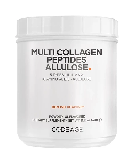 Codeage Multi Collagen Peptides Powder + Аллулоза - 5 видов - Добавка редкого сахара аллулозы - 0 калорий, Подсластитель и 0 углеводов - 30 порций белого