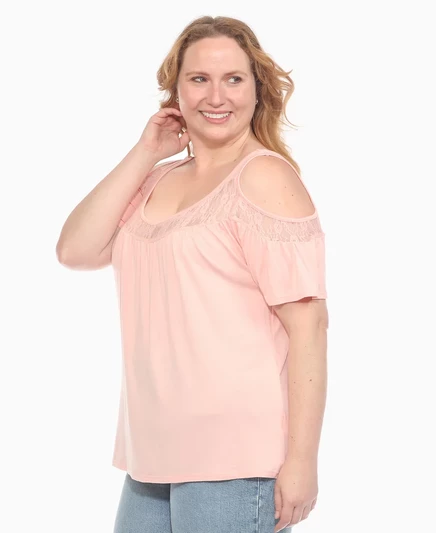 Трикотажный топ с открытыми плечами и кружевной отделкой White Mark Plus размера плюс yellow pink