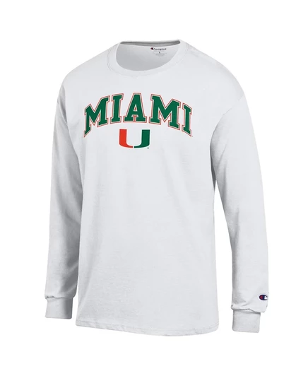 Мужская белая футболка с логотипом Champion's Miami Hurricanes, украшенная аркой с длинным рукавом white