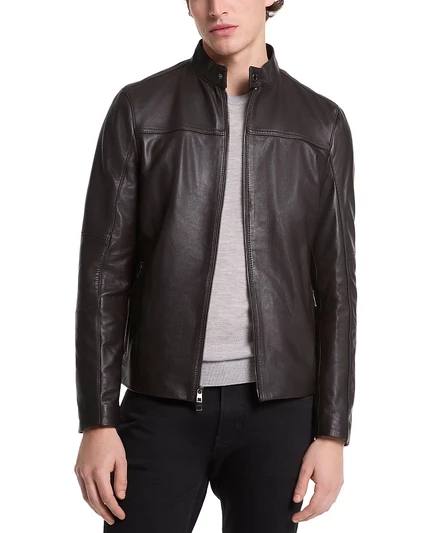 Мужская кожаная куртка Michael Kors Racer из ягнячьей кожи, коричневая