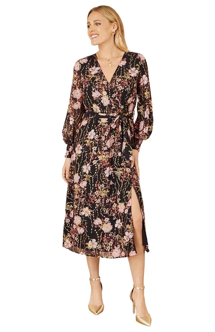 Женское платье Yumi Foiled Floral на запах, миди, черное