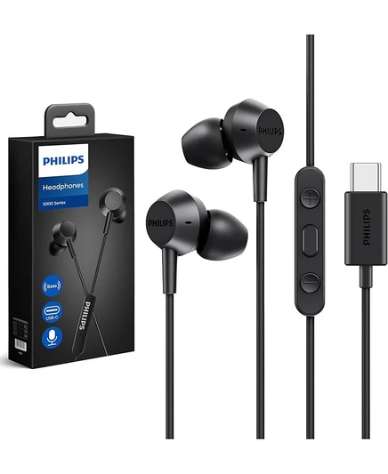 Проводные наушники PHILIPS USB-C с микрофоном Type-C, мощные басы, Легкая конструкция вкладышей, 3-кнопочный встроенный пульт дистанционного управления черного цвета