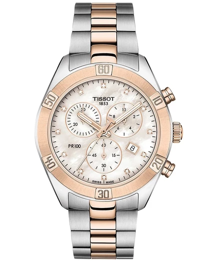 Женские часы Tissot PR 100 хронограф 38 мм с бриллиантами, двутоновые