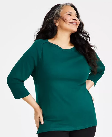  Хлопковый топ Pima большого размера с рукавами 3/4, эксклюзивно от Macy's true emerald