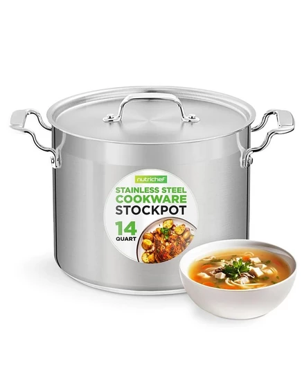 Кастрюля для бульона NutriChef из нержавеющей стали объемом 14 Л, Сверхпрочная индукционная кастрюля, Кастрюля для супа с крышкой из нержавеющей стали серебристого цвета