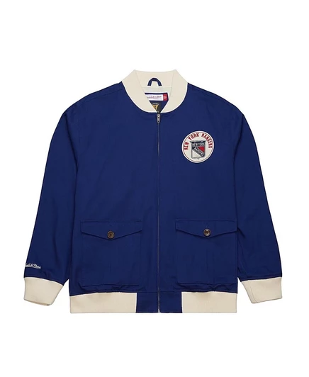 Мужская синяя куртка Mitchell & Ness New York Rangers Vintage Coachs из хлопчатобумажной саржи на молнии синего цвета blue