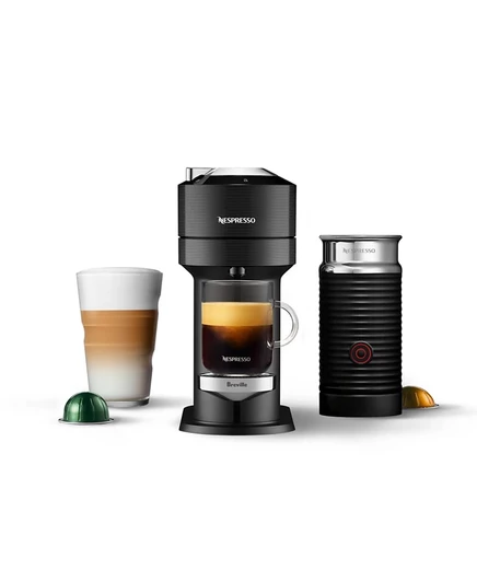 Кофемашина премиум-класса Nespresso Vertuo Next и эспрессо-машина для приготовления эспрессо от Breville черного цвета с устройством для вспенивания молока Aeroccino черного цвета