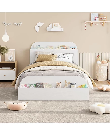 Каркас детской кровати Twin Size с изголовьем и изножьем для хранения вещей, Низкопрофильная деревянная платформа, прочные рейки, Белый