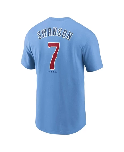 Мужская футболка Nike Dansby Swanson Baby Blue Chicago Cubs Fuse с именным номером blue